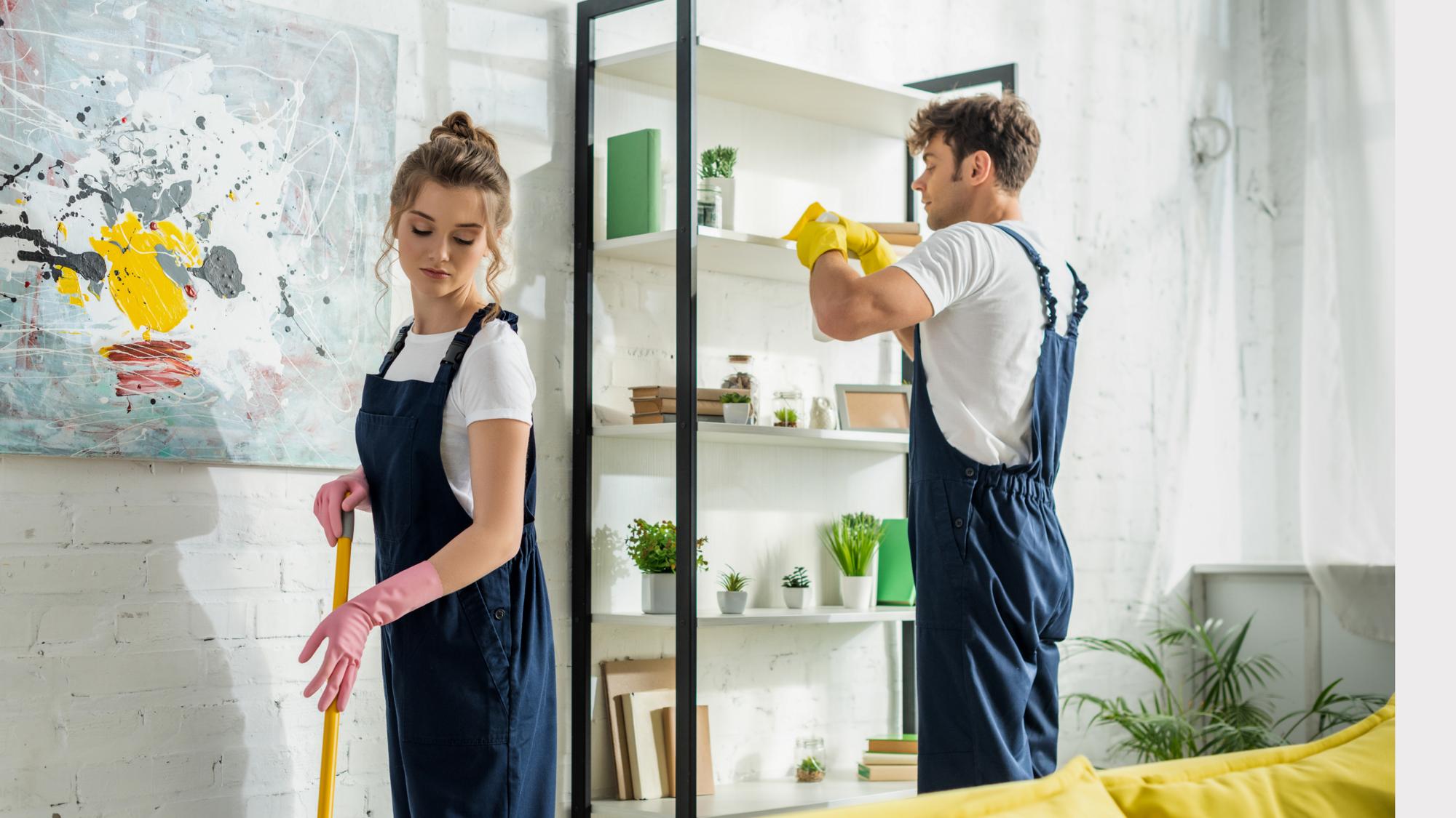 A man and a woman are cleaning a bright, modern living room. The woman, wearing pink rubber gloves and holding a mop, is facing away from the camera while the man, also gloved, is organizing items on a white bookshelf. The room features plants and abstract artwork on the walls.